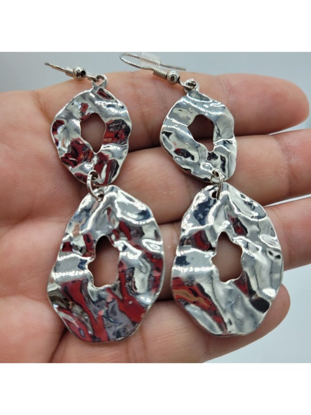 Silver Tone Hammered Oval Links Drop Dangle Earrings 3" Everyday Wear